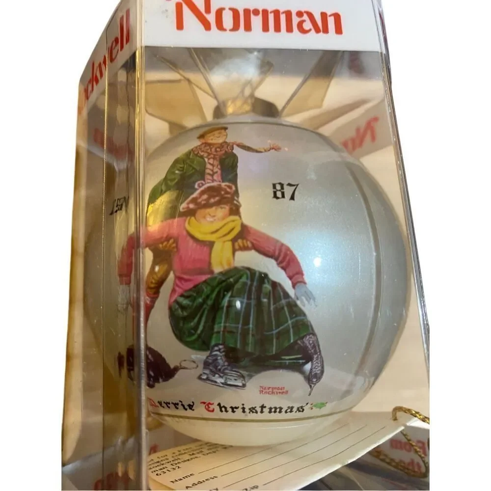 Vintage Norman Rockwell, 1987 skating glass ball ornament in box